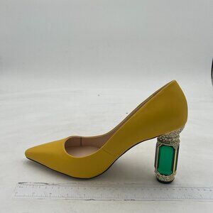 FSJ Women Leather Crystal Chunky High Heel Pumps Pointed Toe Slip on Wedding Par